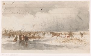 Schaatsers en arrenslee op het ijs door Johannes Tavenraat