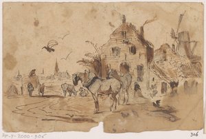 Uitgespannen paarden voor een huis