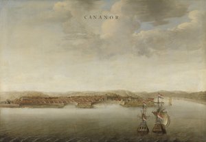Gezicht op Cananor aan de kust van Malabar in India door Johannes Vinckboons (attributed to)