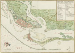 Aquarelkaart van de stad Recife (Brazilië) in de 17e eeuw