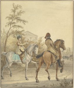 Man en een vrouw te paard op een landweg door Johannes Vinkeles