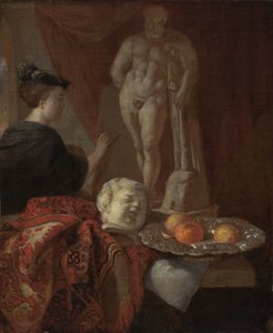Stilleven en een vrouw aan een ezel, late 1600s door Johannes Voorhout