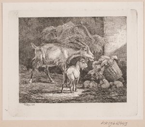 Een geit, een lam en konijnen in een stal door Johannes Wilhelm Zillen