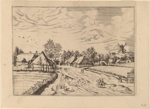 Dorp met standerdmolen door Johannes and Lucas van Doetechum after Master of the Small Landscapes