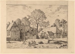 Boerderijen met put door Johannes and Lucas van Doetechum after Master of the Small Landscapes