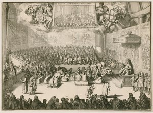 Een zitting in het Lagerhuis met George II op de troon door Johannes and Mortier, Cornelis Covens