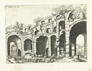 Gezicht op een amfitheater waarschijnlijk het Colosseum door Johannes of Lucas van Doetechum (attributed to)