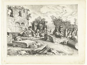 Tuin met brokstukken van antieke beelden