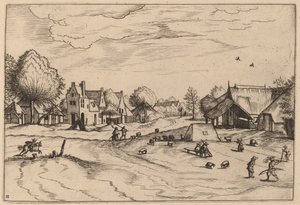 Dorp met Schapen en Zittende Herder door Johannes van Doetechum, the Elder and Lucas