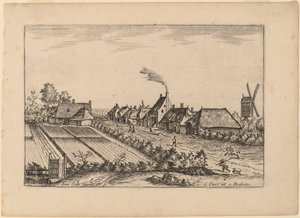Velden en een Dorpsweg met Postmolen door Johannes van Doetechum, the Elder and Lucas