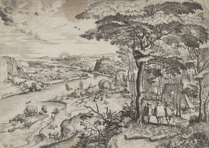 Euntes in Emaus Landschap met Pelgrims bij Emmaus, ca. 1555-56 door Johannes and Lucas van Doetecum