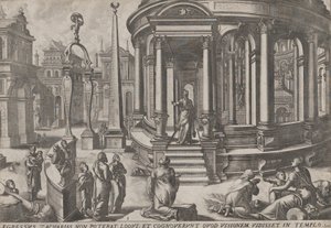 Zacharias stapt uit de tempel, uit de serie Gebeurtenissen in en rond de tempel, ca. 1572 door Johannes and Lucas van Doetecum