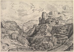 Alpenlandschap met een diepe vallei uit De Grote Landschappen door Johannes van Doetecum I