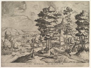 Vlucht naar Egypte Fuga deiparae in Aegyptum uit De Grote Landschappen, ca. 1555-56 door Johannes van Doetecum I