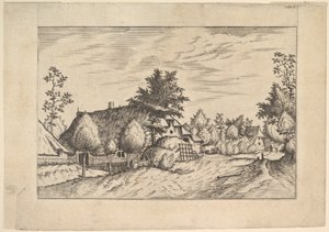 Dorpsstraat, hooi gestapeld voor een boerderij uit Praediorum villarum et rusticar..., ca. 1559-61 door Johannes van Doetecum I