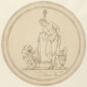 Allegorische mansfiguur, staande met twee leeuwen