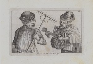 Een man met een hark, een vrouw die lepels en roerstaafjes verkoopt (gravure)