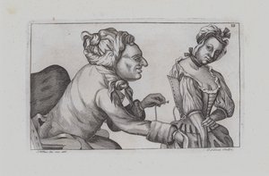 Man naait meisje in korset (gravure)