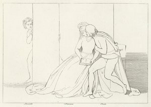 De Geliefden Verrast, Inferno, Canto 5 (gravure) door John (after) Flaxman