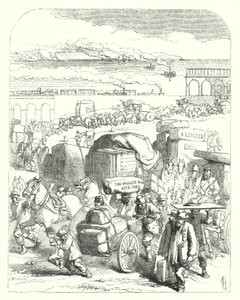 Schepen en treinen brengen bezoekers naar de Grote Tentoonstelling van 1851, Crystal Palace, Hyde Park, Londen (gravure) door John (after) Gilbert