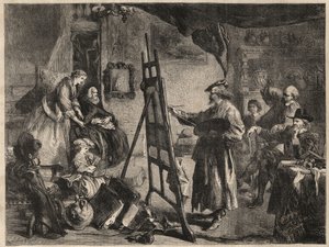 Het atelier van Rembrandt - gravure naar schilderij van J. Gilbert - l