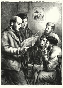 Werkende Mannen bespreken "Vrije Zondagen voor het Volk" (gravure) door John (after) Gilbert