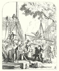 Arbeiders op de bouwplaats van het Crystal Palace, Hyde Park, Londen, locatie van de Grote Tentoonstelling van 1851