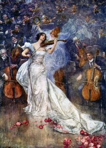 Muziek. Een vioolconcert. Illustratie door Gulich, Tsjechië, ca. 1900