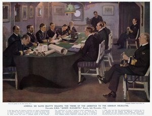 Admiraal Sir David Beatty leest de voorwaarden van de wapenstilstand voor aan de Duitse afgevaardigden, voorhut HMS Queen Elizabeth, Rosyth door John (after) Lavery