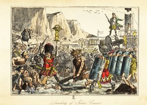 Een vaandeldrager van het 10e legioen in berenvel leidt Romeinse infanterie naar een strand bij Sandwich, 54 v.Chr.