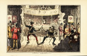 Acteurs die Hendrik Tudor spelen vechten tegen koning Richard III van Engeland op het toneel in een theater door John (after) Leech