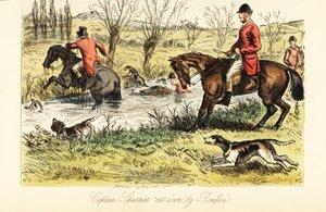 Engelse jager steekt een rivier over met vossenhonden