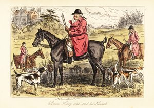 Engelse jager in jachtkleding zittend op een paard met een roedel vossenjagers