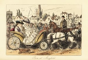 Engelse dame in crinolinen jurk met parasol rijdt met een ponykar door de drukke straten van een klein stadje door John (after) Leech