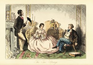 Dame in crinolinen jurk met twee herenbezoekers in een salon
