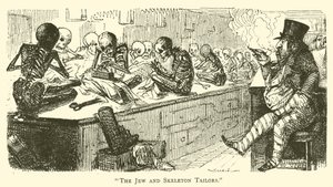 De Jood en skeletkleermakers (gravure) door John (after) Leech