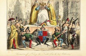 De kroning van koning Hendrik IV van Engeland met een enorme kroon