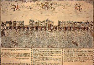 Uitzicht op de London Bridge van oost naar west, herdruk van een gravure uit 1624