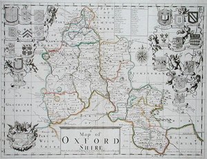 Kaart van Oxfordshire, gegraveerd en handgekleurd door John Oliver en Richard Palmer, gepubliceerd door Philip Lea, c.1690