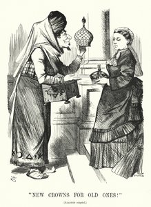 Punch cartoon: Nieuwe kronen voor oude. Benjamin Disraeli (als Aladdin) met koningin Victoria - de Royal Titles Act 1876 die de koningin erkent als keizerin van India (gravure) door John (after) Tenniel