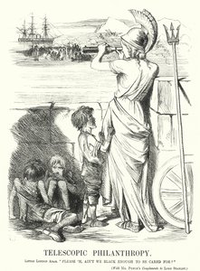 Punch cartoon: Telescopische Filantropie - de preoccupatie van de Victoriaanse middenklasse met hulp voor de armen in het buitenland in plaats van thuis door John (after) Tenniel