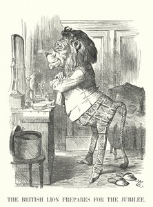 Punch cartoon: De Britse leeuw bereidt zich voor op het jubileum - Gouden Jubileum van koningin Victoria