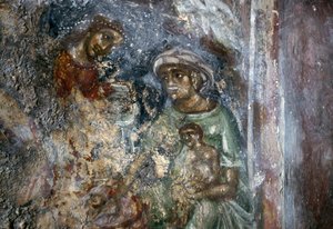 Fresco van de Heilige Familie, Byzantijnse kerk van Ayios Stephanos, Drakona, Kreta, Griekenland door Walter Charles Mills
