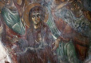 Fresco van heilige in de Byzantijnse kerk van Ayios Stephanos, Drakona, Kreta, Griekenland door Walter Charles Mills