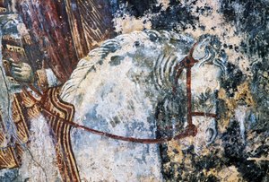 Paard, beschadigd fresco op plafond in de kerk van Agios Vasileios, Vavouledo, Kreta, Griekenland