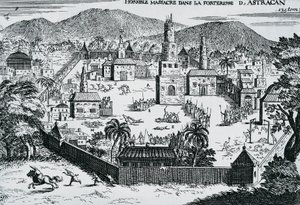 De Kozakken onder leiding van Stepan Razin vallen de vesting Astrakhan aan in 1670, Rusland door Walter Charles Mills