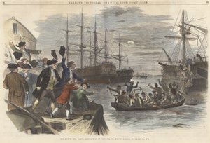 De Boston Tea Party - Vernietiging van de Thee in de Haven van Boston, 16 december 1773, uit Ballous Pictorial Drawing-Room Companion, uitgegeven 1865