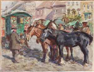 Zwart paard met huizen op de achtergrond