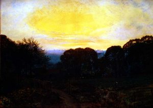 Een tuinman die een koolveld graaft bij zonsondergang door John Atkinson Grimshaw