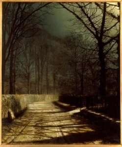 J.A.Grimshaw, Maanverlichte laan met twee geliefden bij een poort / Gem. door John Atkinson Grimshaw